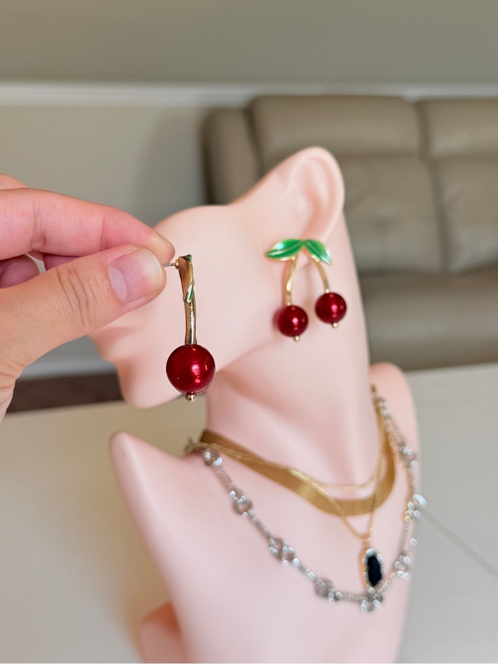 Cherry Drop Dangle Earrings in Red and Green - Picture 5 of 9